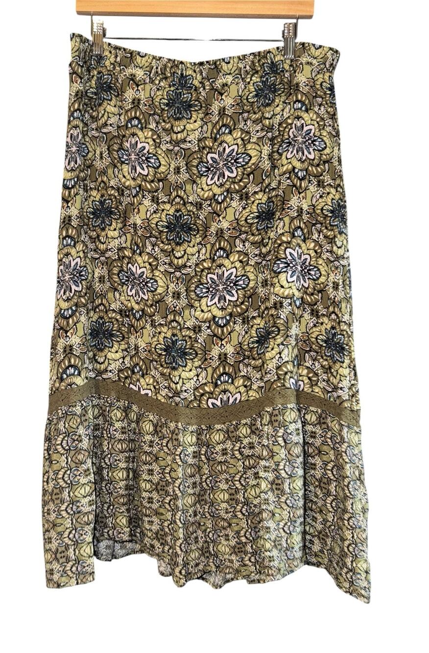 Frye Floral Tiered Pull On Skirt Women's XXL Green Crochet Western‎ Fairy Boho